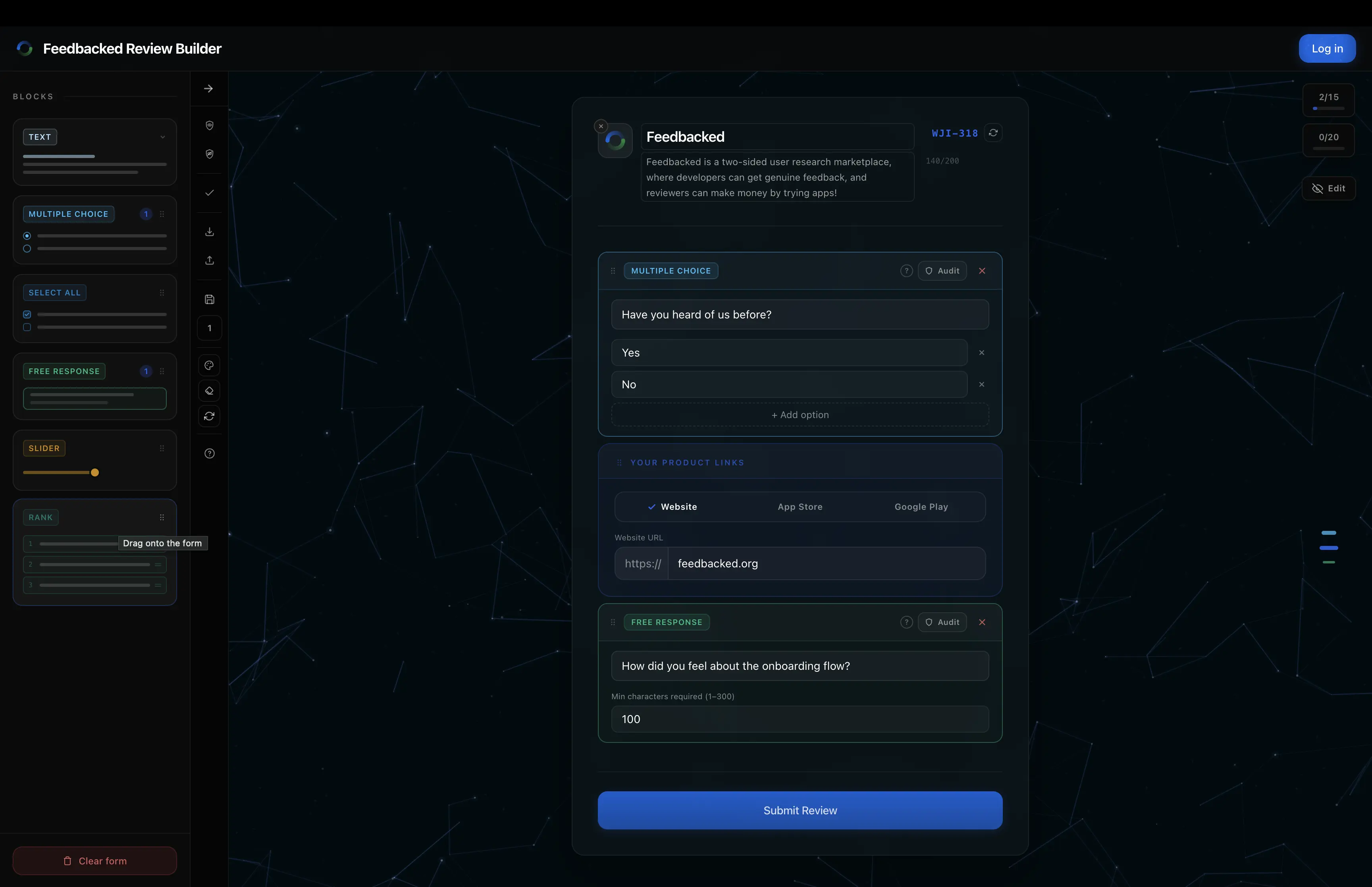 The real Feedbacked desktop survey builder with question palette, survey canvas, product-link divider, and editing tools